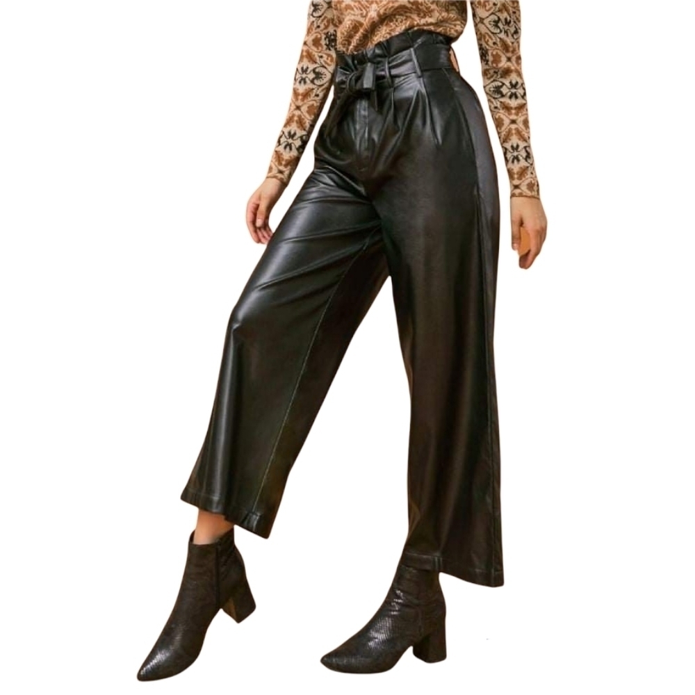 High Waist Belted Wide Leg Faux Leather Pants Black M